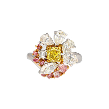 GIA Certified Fancy Yellow Cushion Cut Diamond with Pink and White Diamond Side Stones in Platinum 950 & 18K White Gold – Assay Jewelers