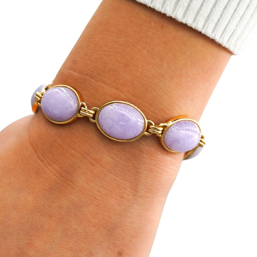 GIA Certified GUMP Signed Lavender Jadeite Jade 14K Gold Link Bracelet