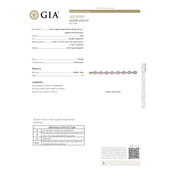 GIA Certified GUMP Signed Lavender Jadeite Jade 14K Gold Link Bracelet