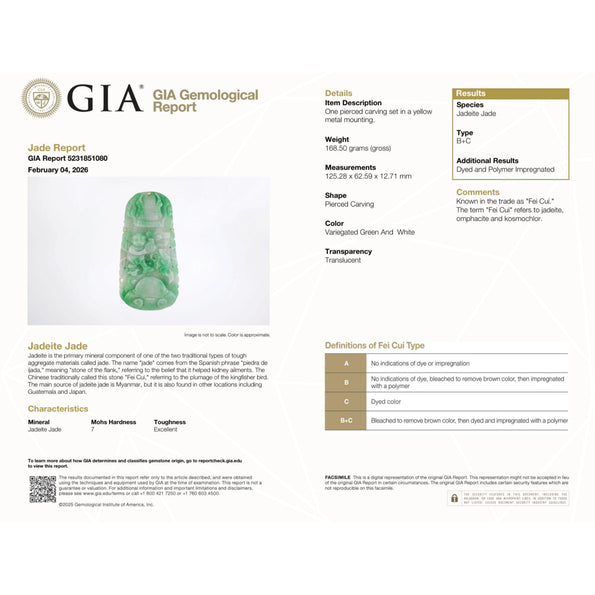 GIA Certified Large Carved Jadeite Jade Fei Cui Boy Turtle Yellow Gold Pendant