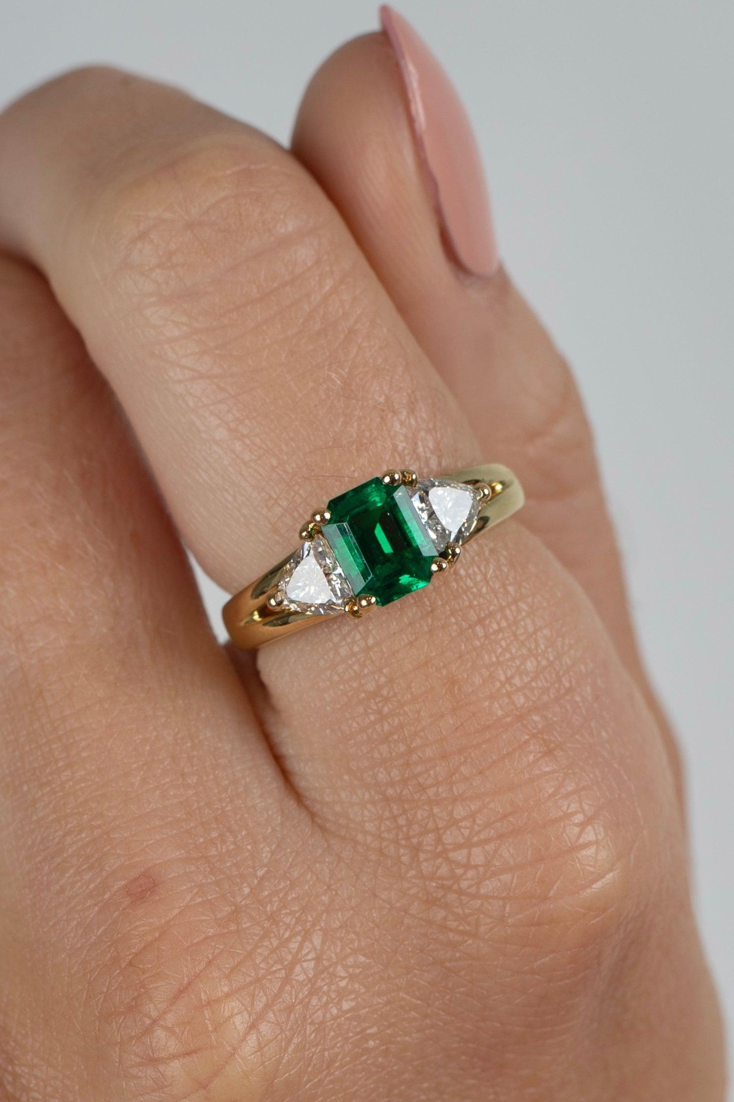 GIA Certified Minor Oil Zambian Emerald & Trillion Diamond 3-Stone Ring in 18K-Rings-ASSAY