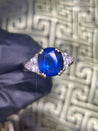 GIA Certified Oval Blue Sapphire and Trillion Diamond 3 Stone Ring in 18K