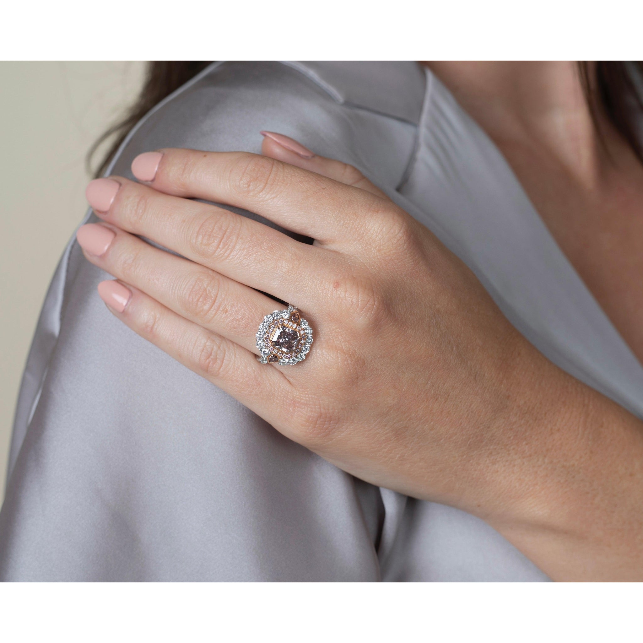 GIA Certified Radiant Cut Pink Diamond Diamond Halo Ring in 18K