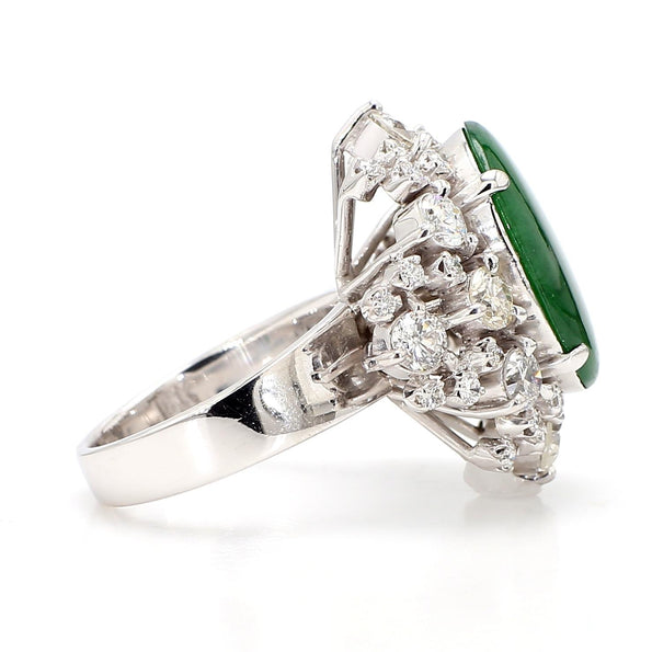 GIA Certified Type A Jadeite Jade & Old Cut Diamond 18K Gold Halo Starburst Ring