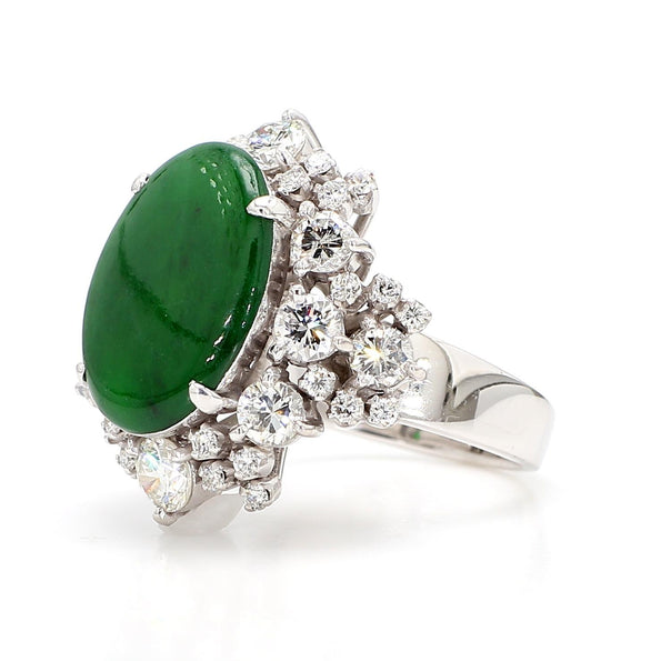 GIA Certified Type A Jadeite Jade & Old Cut Diamond 18K Gold Halo Starburst Ring