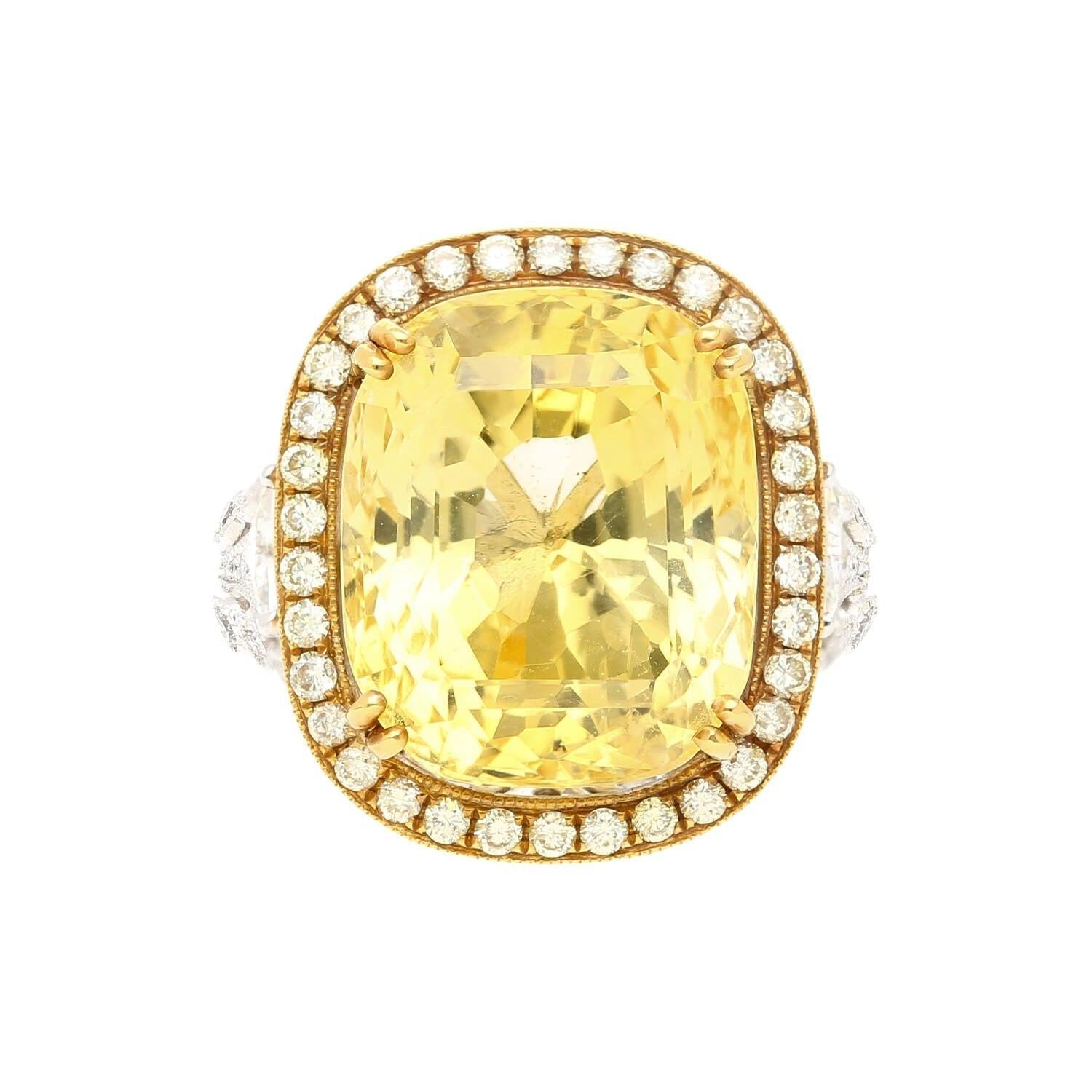 GIA Certified Vintage No Heat 17 Carat Cushion Yellow Sapphire & Diamond Halo Floral Filigree Cocktail Ring-Rings-ASSAY