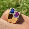 GIA certified Blue and Pink Sapphire Unisex Bezel Ring in 18k gold