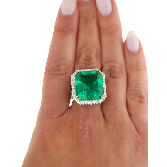GRS Cert. 17.73 Carat Minor Oil Colombian Emerald Ring