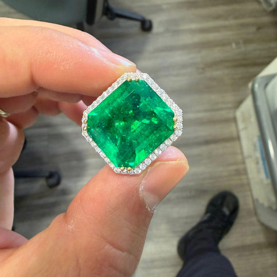 GRS Cert. 17.73 Carat Minor Oil Colombian Emerald Ring