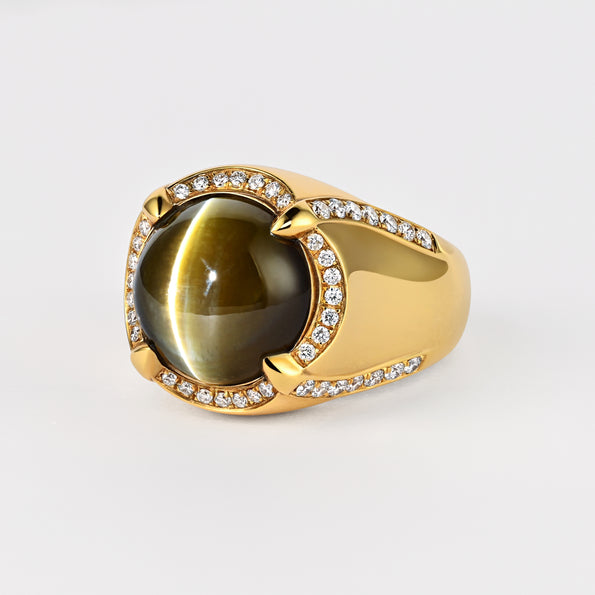 GRS Certified 13.89 Carat Chrysoberyl Cats Eye Mens 18K Yellow Gold Ring