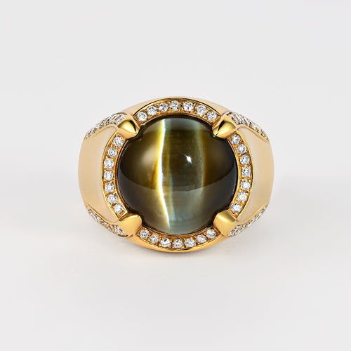 GRS Certified 13.89 Carat Chrysoberyl Cats Eye Mens 18K Yellow Gold Ring
