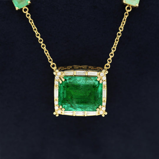 GRS Certified 17.85 Carat Emerald & Diamond Filigree 14K Yellow Gold Necklace