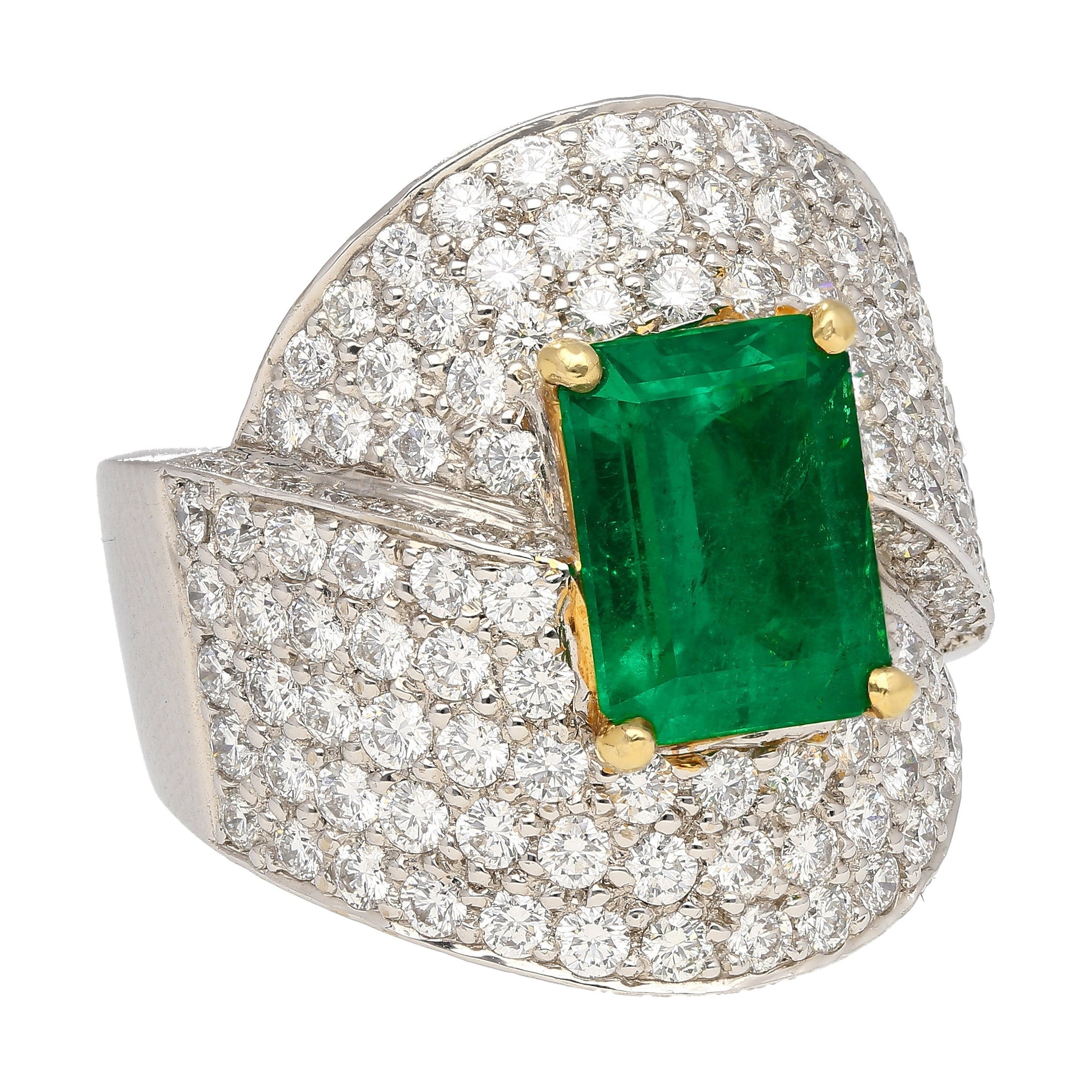 GRS Certified 2.53 Carat Vivid Green Colombian Minor Oil Emerald & Diamond Bypass Ring-Rings-ASSAY