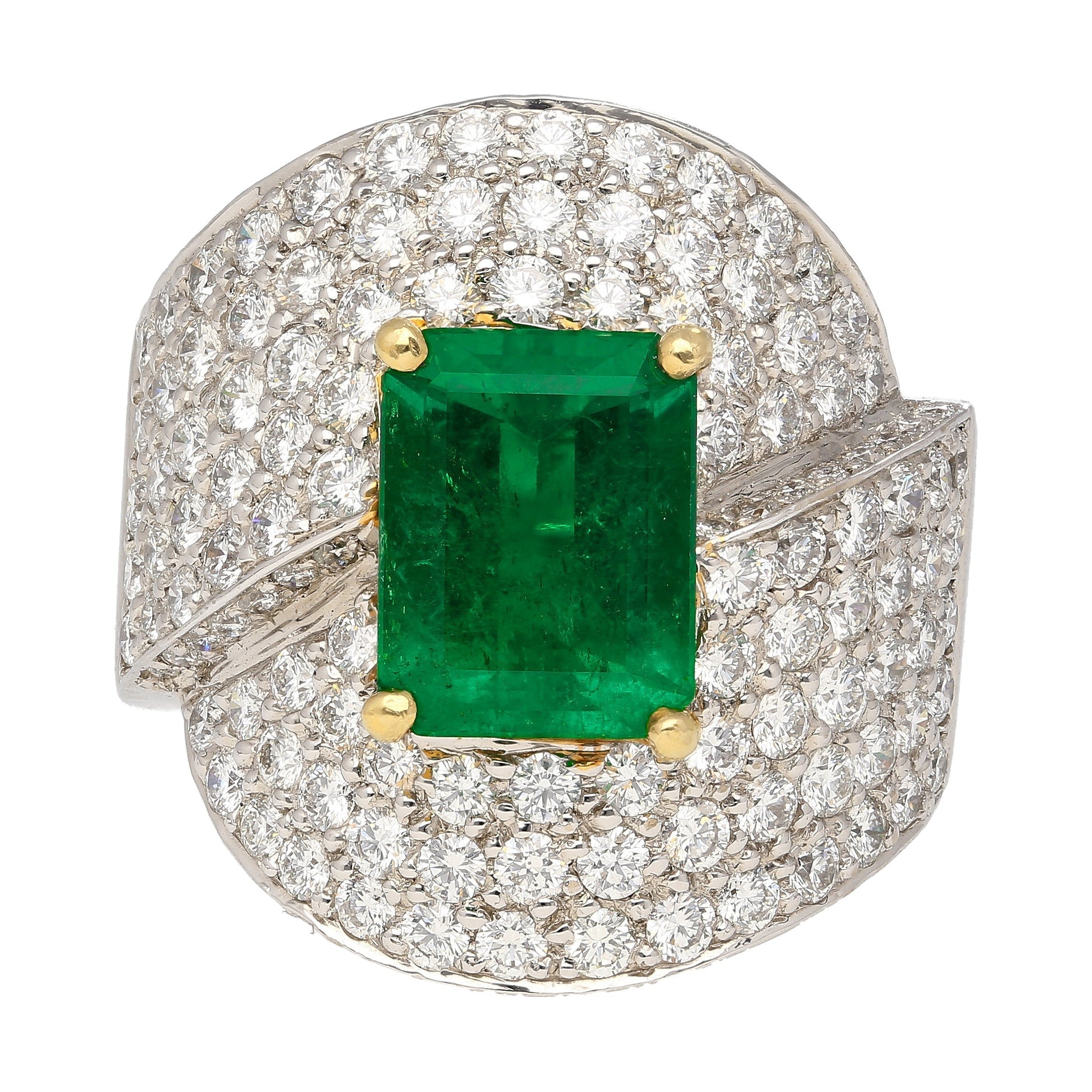 GRS Certified 2.53 Carat Vivid Green Colombian Minor Oil Emerald & Diamond Bypass Ring-Rings-ASSAY