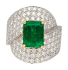 GRS Certified 2.53 Carat Vivid Green Colombian Minor Oil Emerald & Diamond Bypass Ring