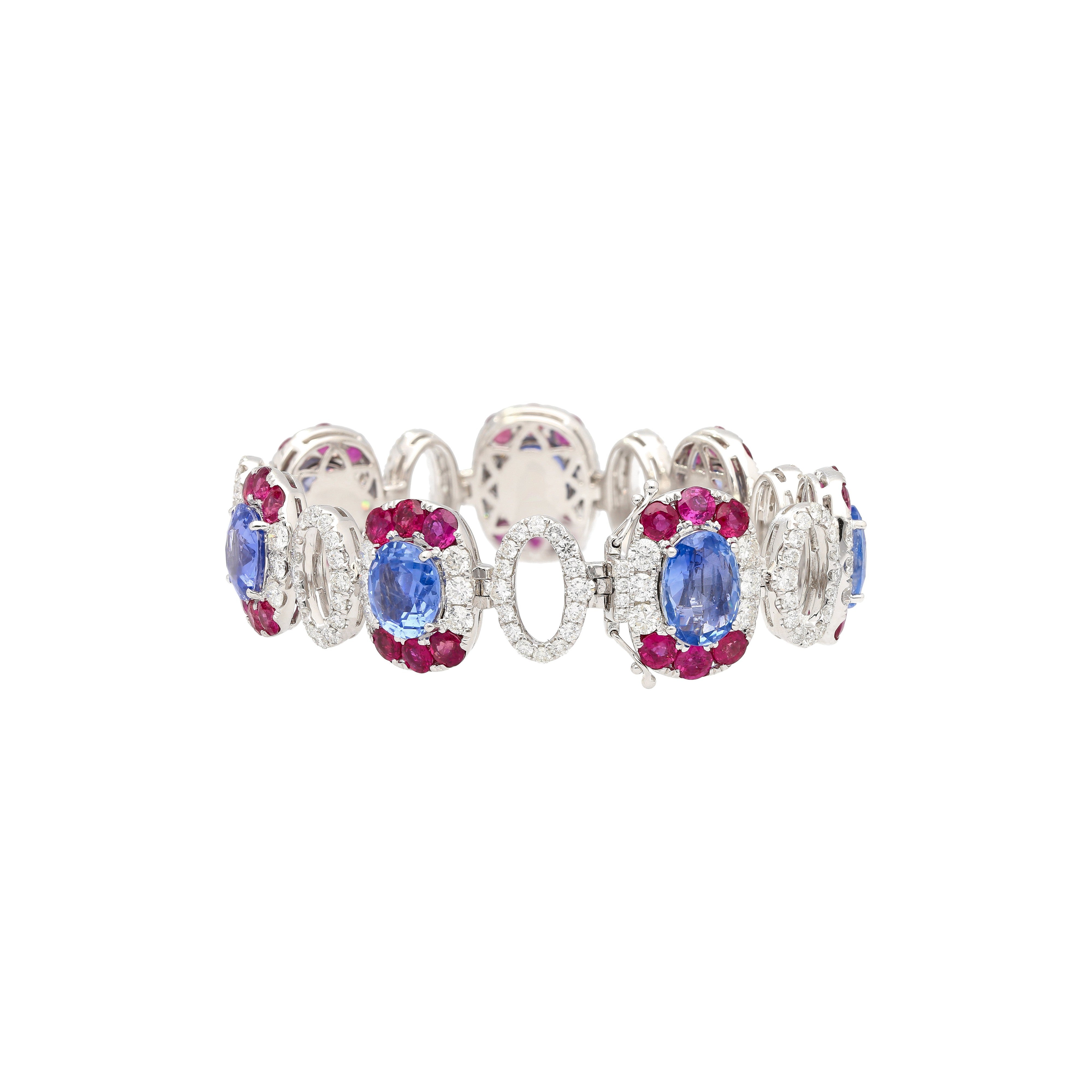 GRS Certified 41.17 CTTW Sri Lanka No Heat Blue Sapphire Bracelet with Diamond & Ruby in 18K White Gold-Bracelet-ASSAY