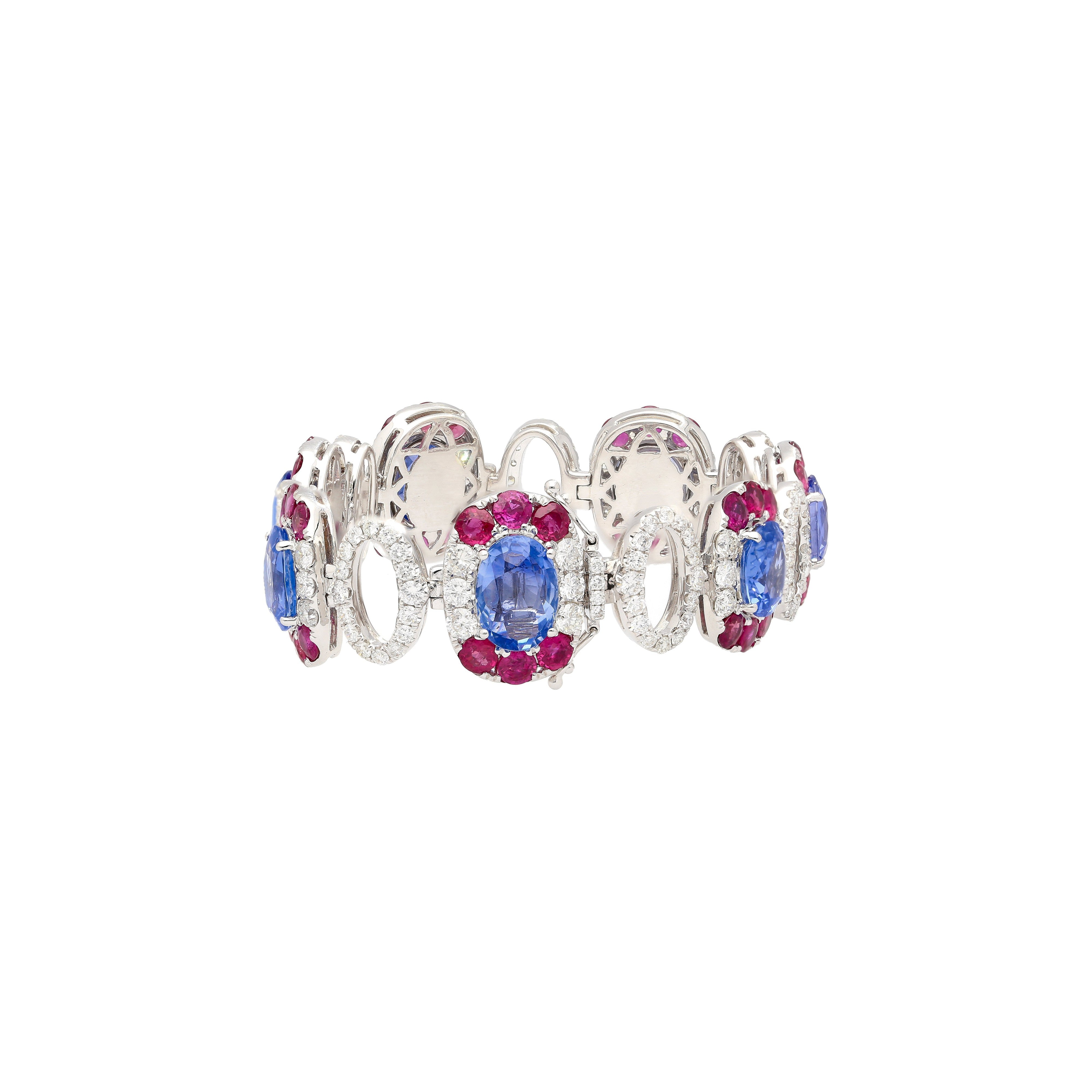 GRS Certified 41.17 CTTW Sri Lanka No Heat Blue Sapphire Bracelet with Diamond & Ruby in 18K White Gold-Bracelet-ASSAY