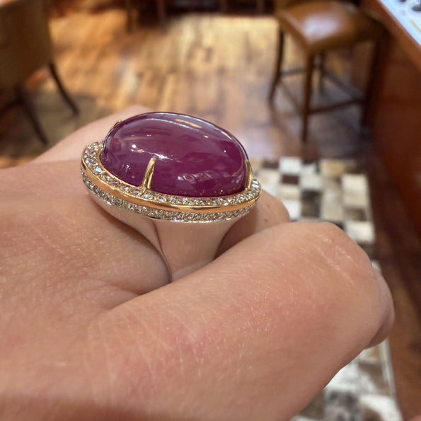 GRS Certified 48 Carat Star Ruby Cabochon & Diamond in 18K Rose Gold Halo Ring