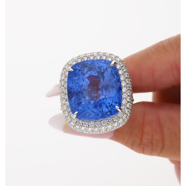 Bague saphir bleu du Sri Lanka 50,11 carats taille Coussin, certifiée GRS, sans chauffage