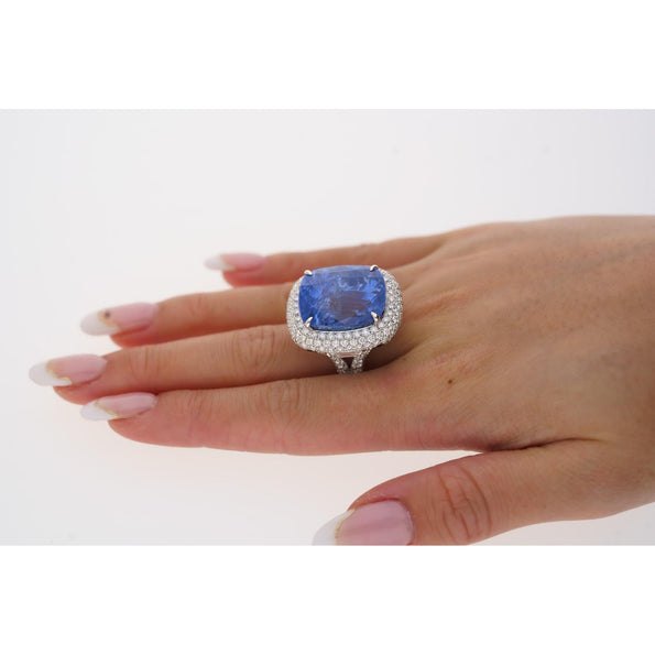 Bague en saphir bleu du Sri Lanka sans chauffage, taille Coussin, 50.11 carats, certifiée GRS