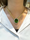 GRS Certified 51 carat Green Oval Cut Peridot with Diamond Halo in 18K Gold Cuban Chain Setting Pendant Necklace