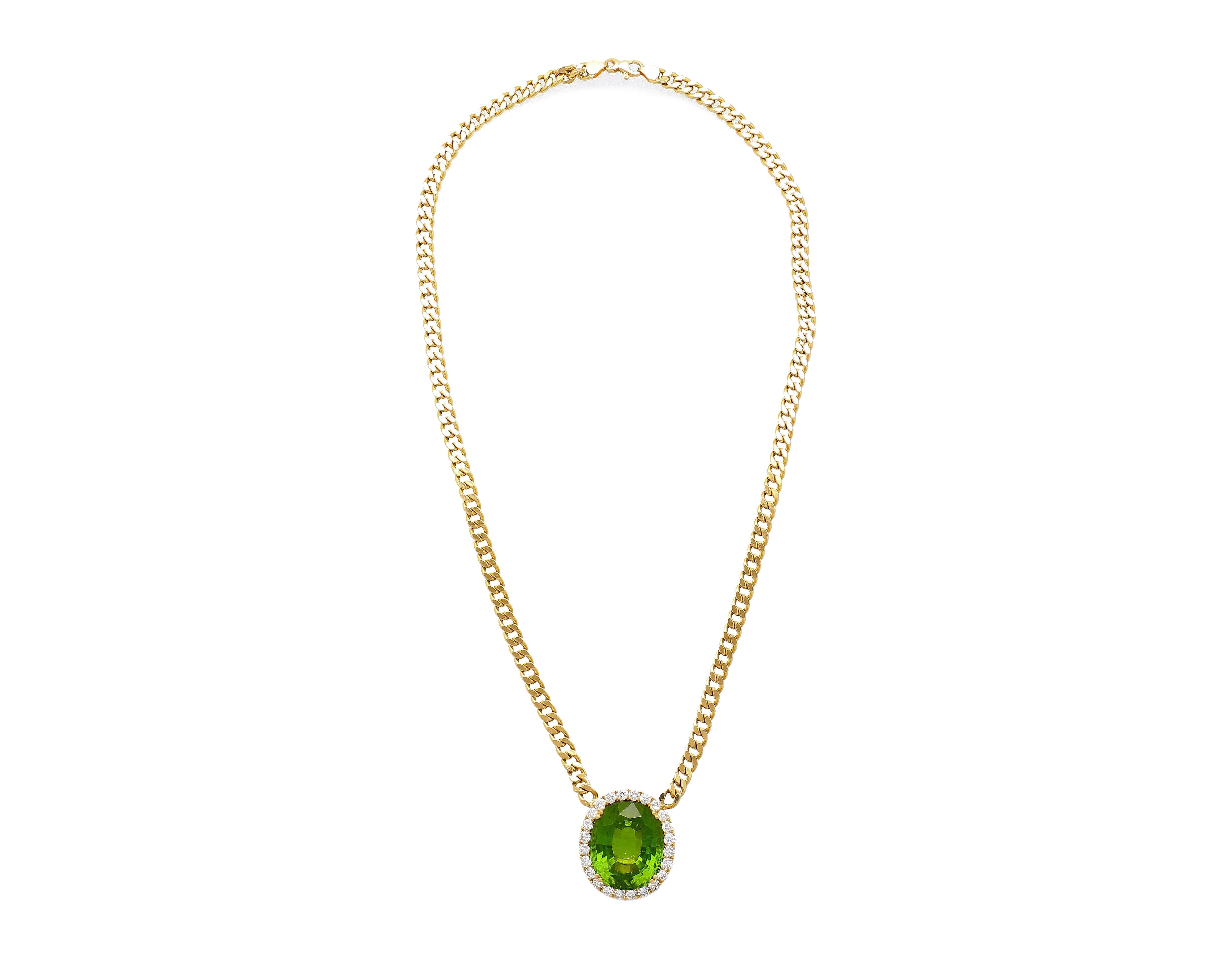 GRS Certified 51 carat Green Oval Cut Peridot with Diamond Halo in 18K Gold Cuban Chain Setting Pendant Necklace-Necklace-ASSAY