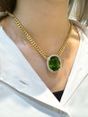 GRS Certified 51 carat Green Oval Cut Peridot with Diamond Halo in 18K Gold Cuban Chain Setting Pendant Necklace