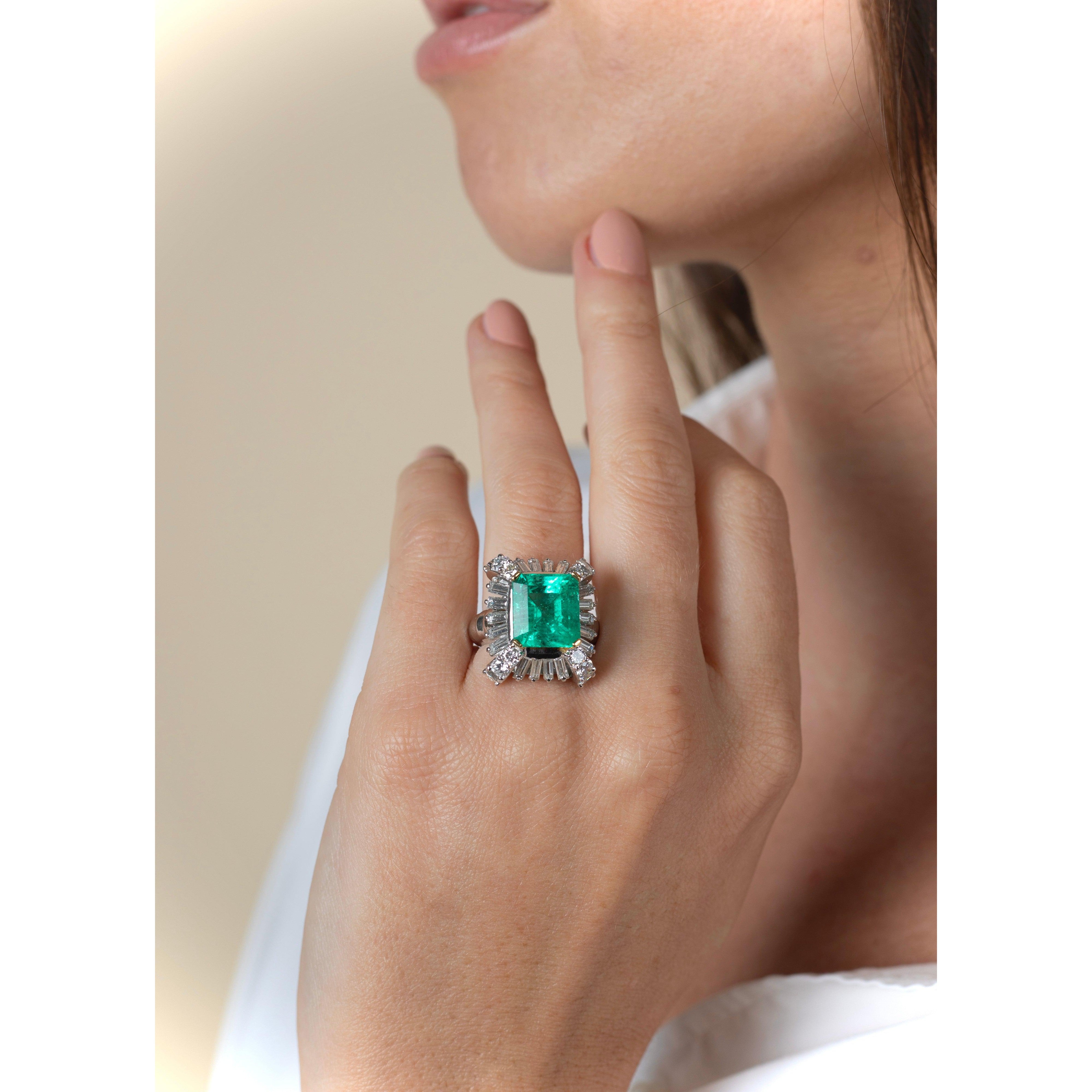 GRS Certified 6.78 carat Colombian Emerald and Baguette Cut Diamond Ring-Rings-ASSAY