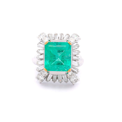 GRS Certified 6.78 carat Colombian Emerald and Baguette Cut Diamond Ring