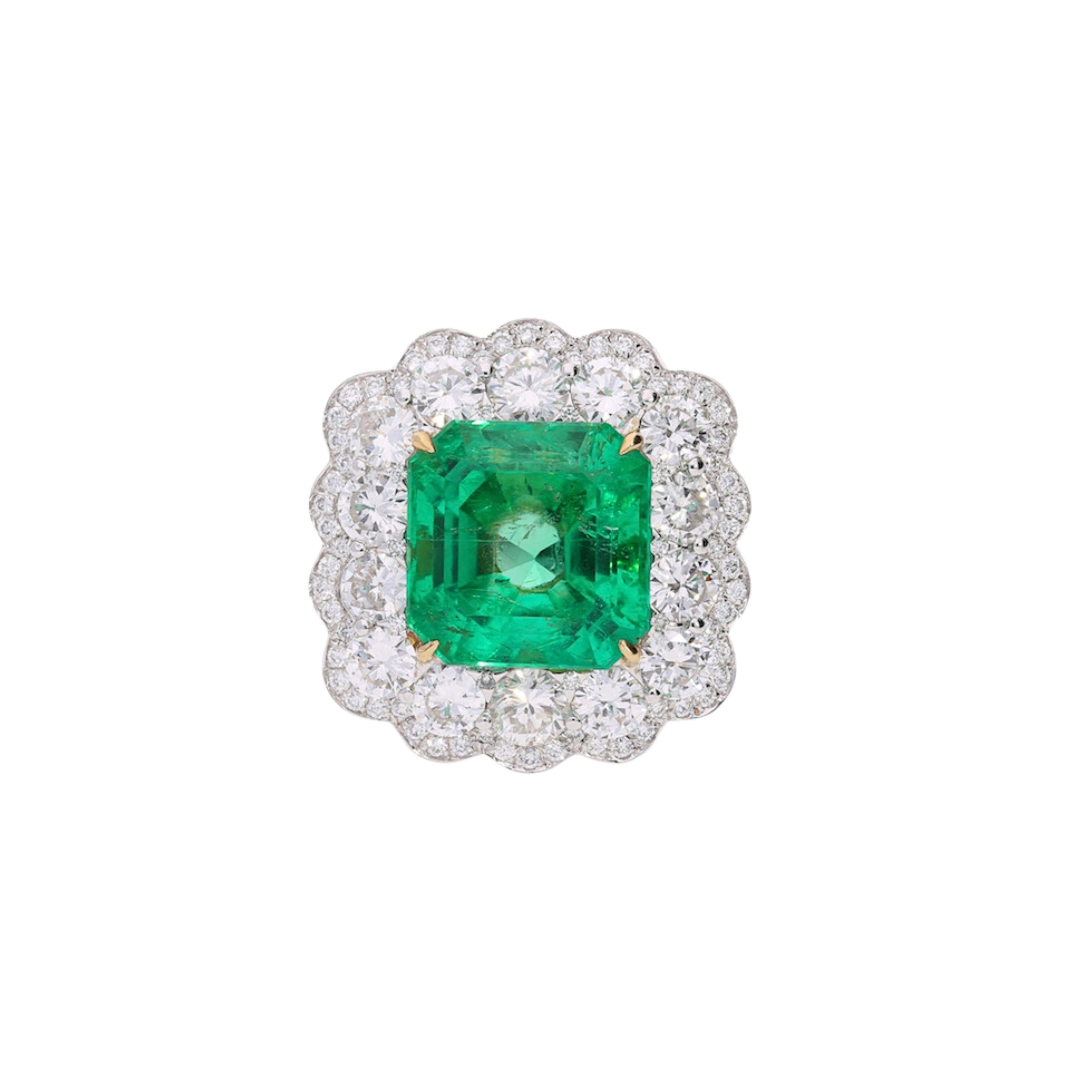 GRS Certified 8.04 Carat Minor Oil Colombian Emerald & Diamond Halo Ring