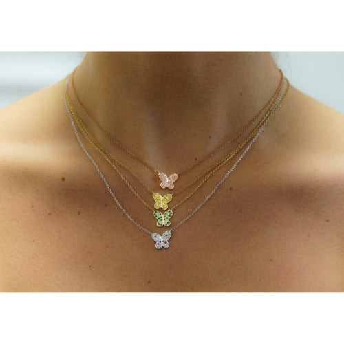 Gold Gemstone Butterfly Cluster Floating Pendant Necklace 18