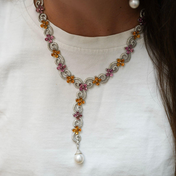 Greek 12 Carat Diamond South Sea Pearl Tourmaline Citrine Earring Necklace Set