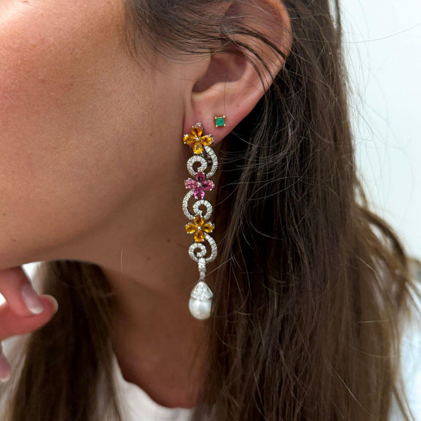 Greek 18K White Gold Diamond Pink Tourmaline Yellow Garnet Pearl Drop Earrings