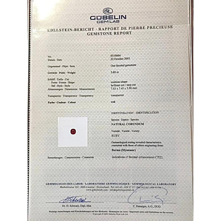 Gubelin Certified Carat Cushion Cut Burma Ruby Platinum Ring – ASSAY