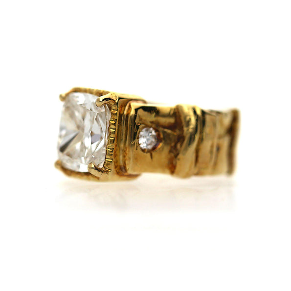 IGI 4.22 Carat Lab Cushion Diamond Misani 18K Gold Bark Texture Ring