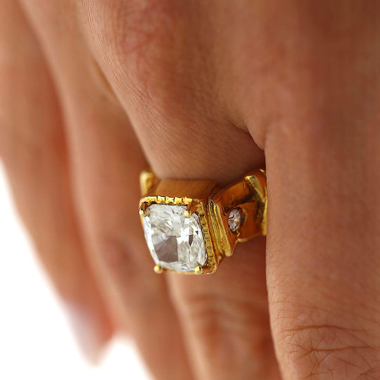 IGI 4.22 Carat Lab Cushion Diamond Misani 18K Gold Bark Texture Ring