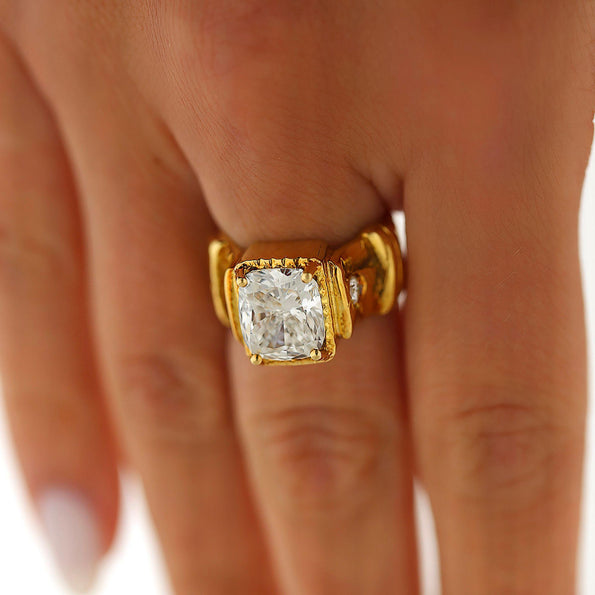 IGI 4.22 Carat Lab Cushion Diamond Misani 18K Gold Bark Texture Ring