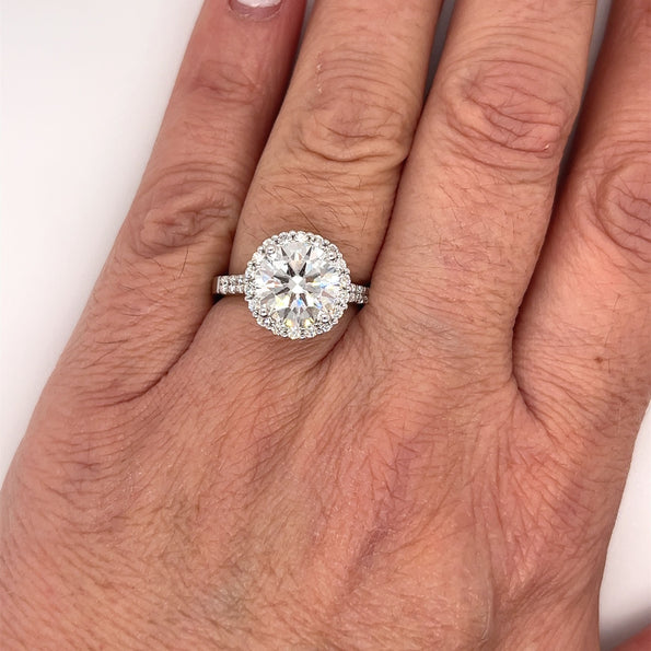IGI Certified 3.35 Carat Round Cut Lab Grown CVD Diamond In Basket Cathedral Diamond Halo Ring