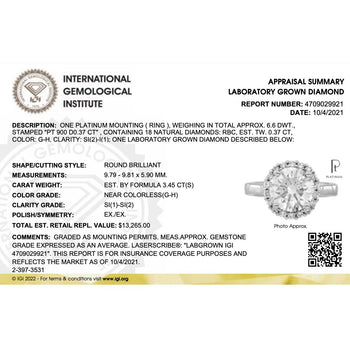 alt
Diamante taglio rotondo da 3,45 carati certificato IGI con montatura in platino – Assay Jewelers