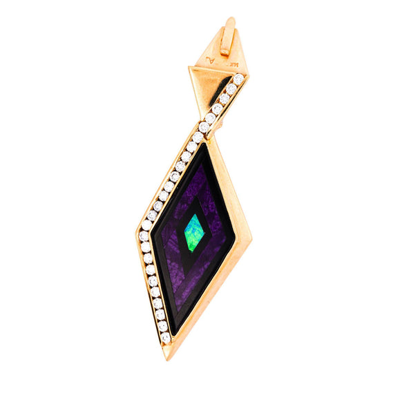 Intarsia Opal Malachite & Black Onyx with Diamond 14K Gold Pendant Necklace