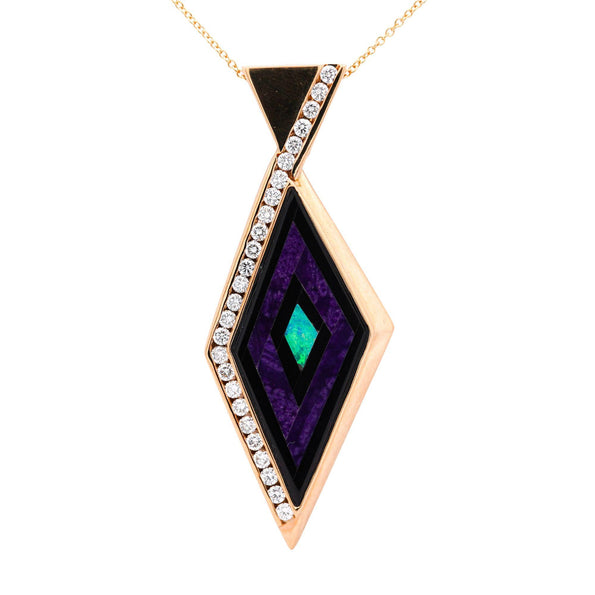 Intarsia Opal Malachite & Black Onyx with Diamond 14K Gold Pendant Necklace