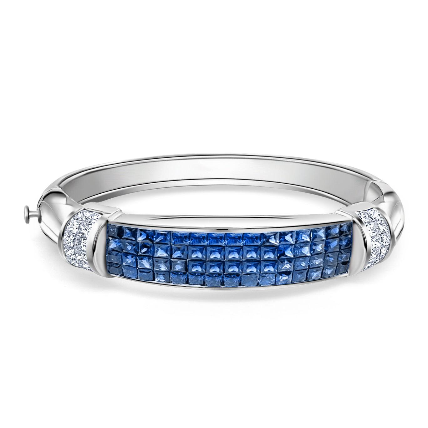 Invisible Set 19 Carat Square Cut Blue Sapphire and Diamond Bangle in 14K White Gold-Bracelet-ASSAY