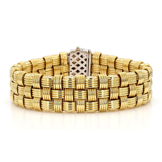Italian 18K Gold Diamond Pave Clasp Woven Basket Bracelet