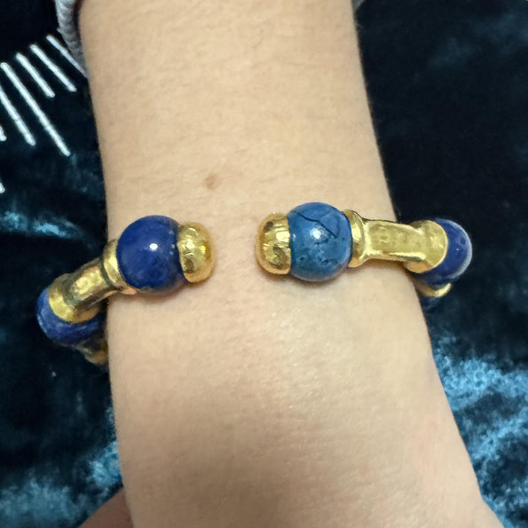 Lapis Lazuli 21K Gold Hammered Finish Bead Bangle Bracelet