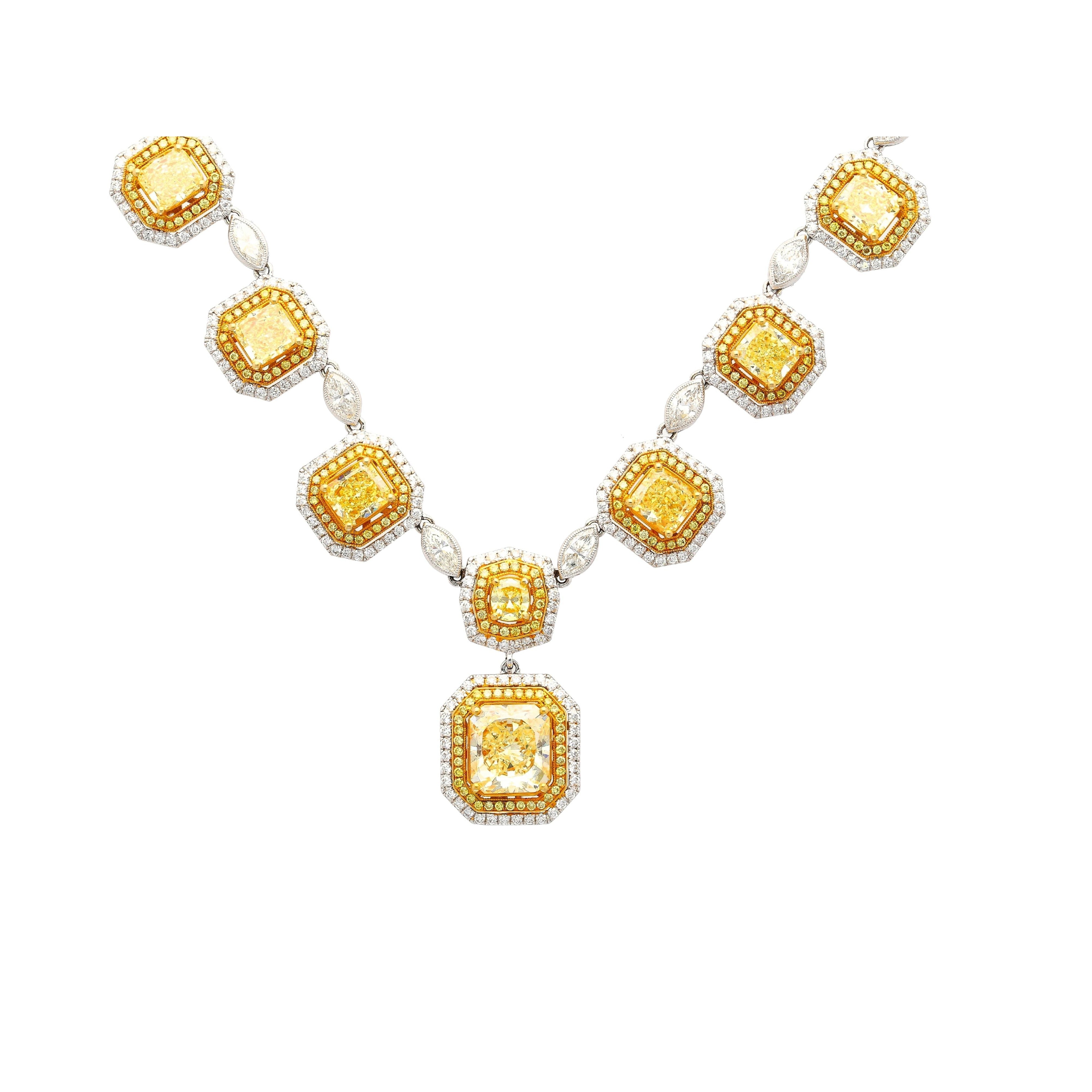 Magnificent GIA Certified 25 Carat Total Natural Fancy Yellow Diamond Necklace in 18K Gold