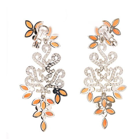 Marquise Coral, Pearl, And Diamond Floral Drop Earrings in 18k White Gold