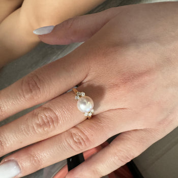 Mikimoto Signed 8mm Pearl & Diamond Cluster in 18K Yellow Gold Cocktail Ring – Assay Jewelers