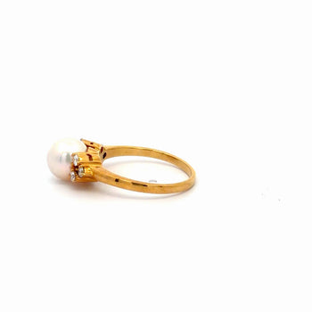 Mikimoto Signed 8mm Pearl & Diamond Cluster in 18K Yellow Gold Cocktail Ring – Assay Jewelers