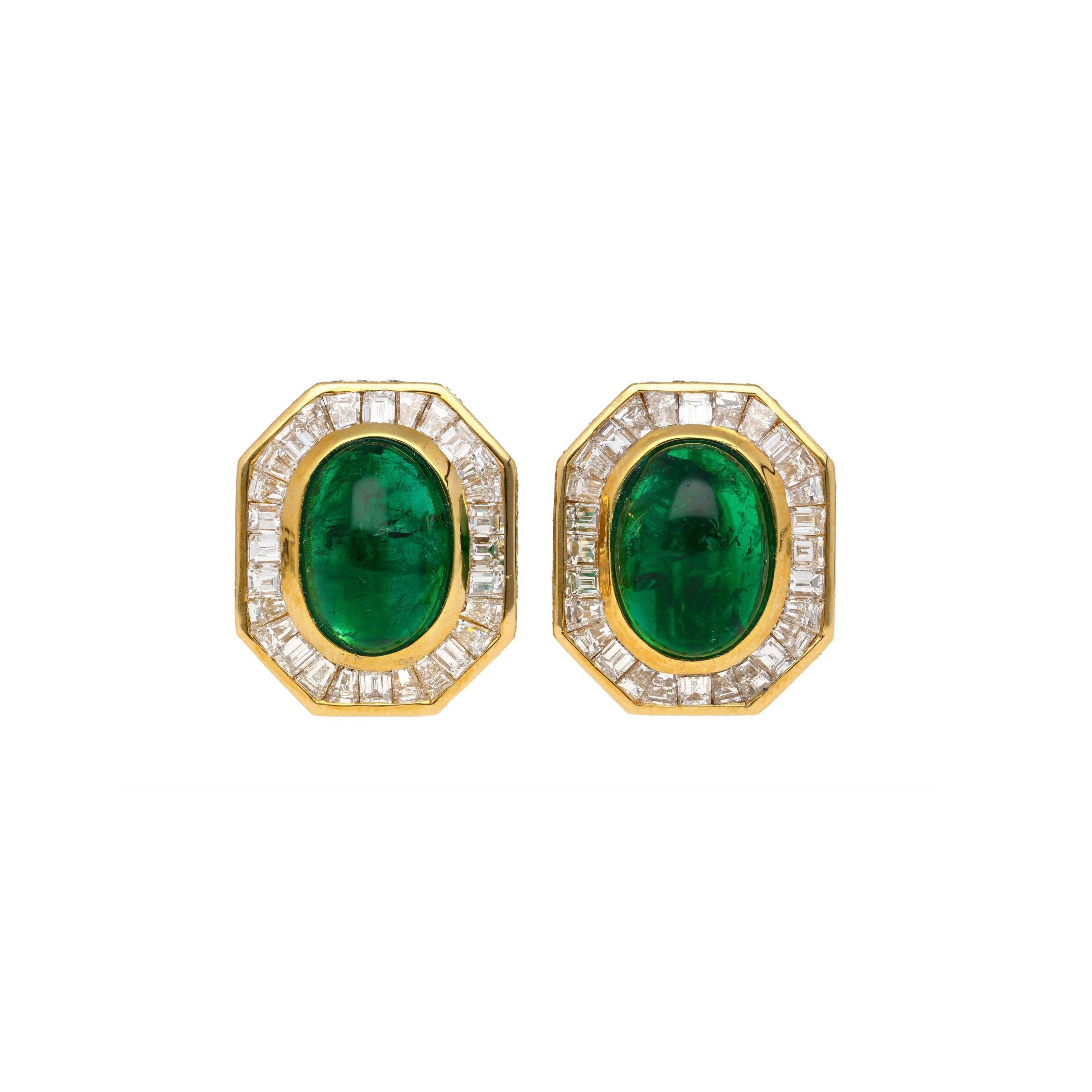 Mouawad Signed Vivid Cabochon Emeralds & Baguette Diamond Halo Clip On Earrings-Earrings-ASSAY