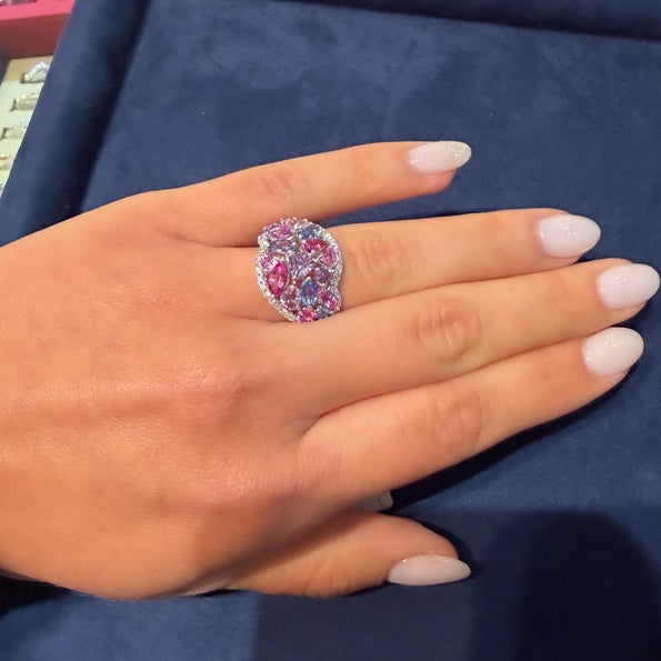 Multicolor Sapphire Pear Marquise Mix & Diamond Cluster 18K White Gold Dome Ring
